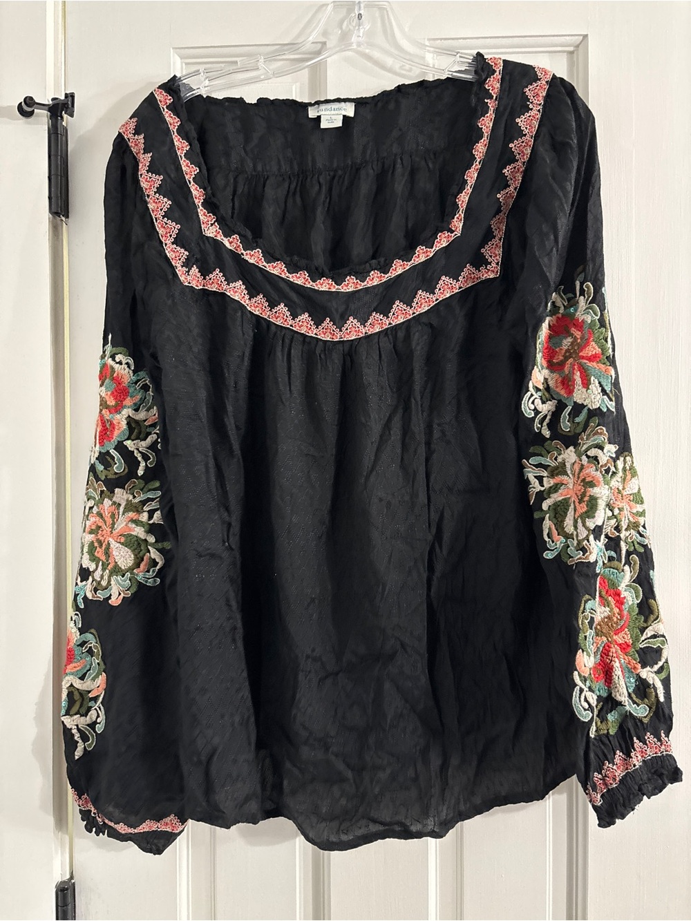 Sundance Black Floral Embroidered Square Neck Long Sleeve Boho Blouse - Large